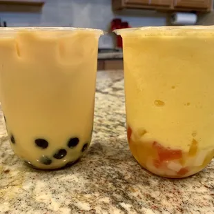 Milk tea (black tea; mango) with Tapioca Boba and Mango Smoothie with Rainbow Jelly. DELICIOUS!