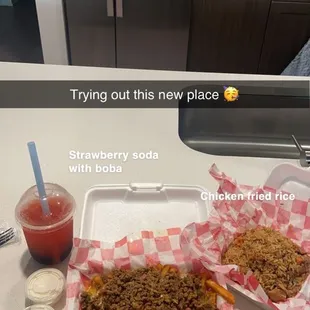Carne asada fríes, chicken fried rice, soda lemonade with boba