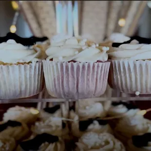 Our 5-tier cupcake stand of raspberry lemonade and vanilla bean. The raspberry lemonade was a hit!