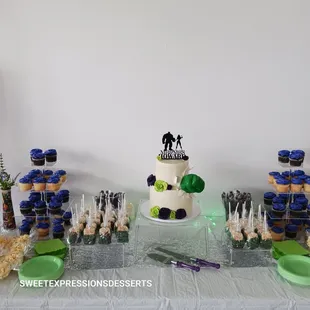 Custom Hulk theme wedding dessert table