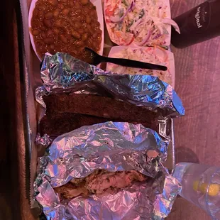 This is one 2 way plate! Ribs, chicken, coleslaw and beans.  I  liked the sides better than the chicken.