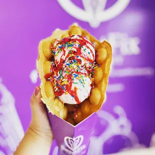 Waffle 2 scoops of strawberry and blueberry lemon jam ice cream.