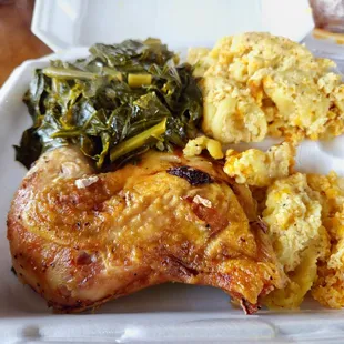 Baked Chicken, Macaroni and Cheese, Collard Greens
