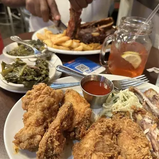 Wings,  Southern Mac   Cheese, greens, ribs French Fries