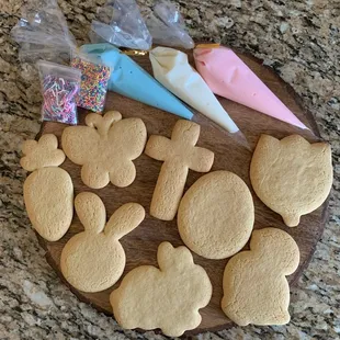 Easter cookie decorating kit, with homemade real butter sugar cookies, vanilla icing, and sprinkles.