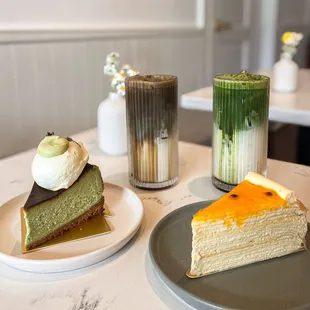 Pandan cheesecake, passion fruit crepe cake, hojicha, matcha latte