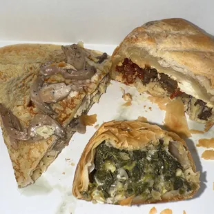 Leftover spanakopita. Chicken mushroom crepe and the special chicken mushroom sun dried tomato and feta pastry. All excellent!!!