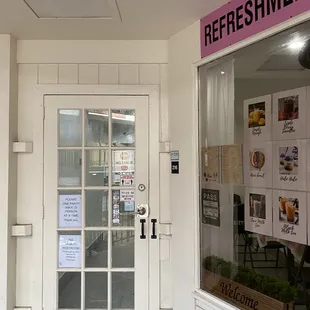 the entrance to a restaurant