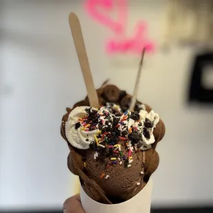 Chocolate ice cream with sprinkles, Oreo crumbles in a chocolate bubble waffle - very good too!