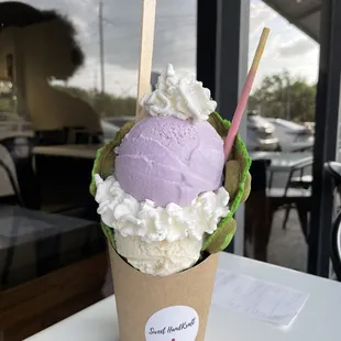 Pandan ice cream waffle cone