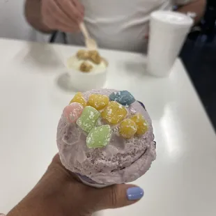 Honey vanilla lavender in a lavender cone with mochi