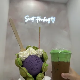 Pandan Bubble Waffle with scoop of Ube ice cream and Vietnamese iced coffee with Pandan cloud cream foam