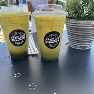 Iced matcha latte with golden milk and two pumps SF vanilla