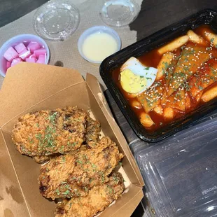 Soy garlic wings and teobokki! Which is rice and fish cake in sweet spicy sauce.