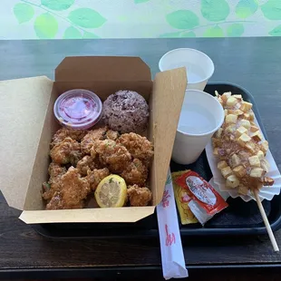 Lemon chicken meal and potato corn dog