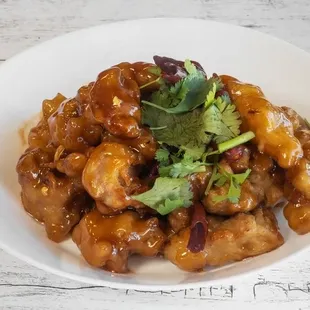 General Tao's chicken, crispy outside ends soft inside, mild spicy