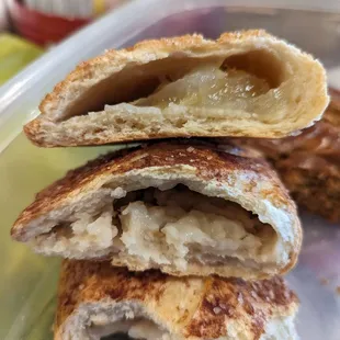 Cross section of the empanadas: top piña (pineapple) and bottom arroz (rice pudding)