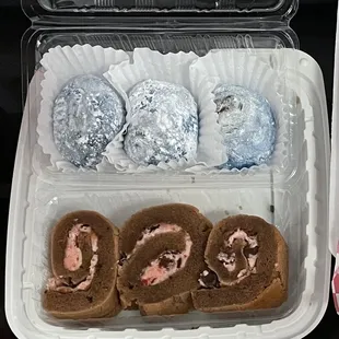 Top: Cafe Mocha stuffed mochi. Bottom: Chocolate Strawberry mochi roll