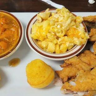 Whiting dinner with mac and cheese and yams