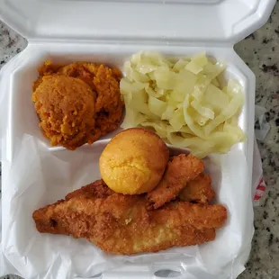 Fried pollock,  carrot souffle, cabbage w/corn muffin
