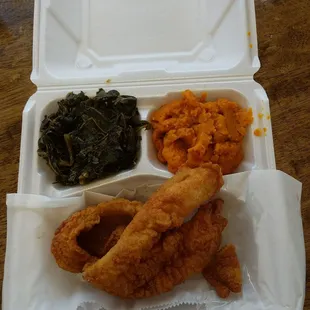 Fish dinner with collards &amp; carrot souffle