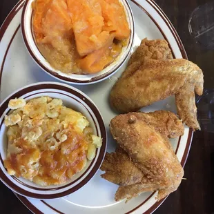 The fried chicken lunch entree with two sides...3 large wings with an incredible "chicken honey glaze" lightly drizzled over it.  Amazing!