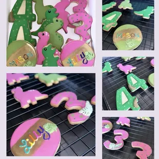Number and name COOKIES  !!  Theme- pink green dinosaur  For boy and girl double birthday
