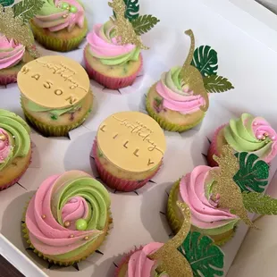 Dino Cupcakes  Theme- pink green dinosaur  For boy and girl double birthday