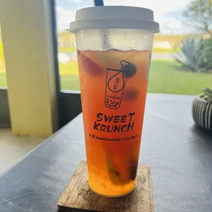 Super Fruit Tea with Mango Boba pearls 25% sweetness! So delicious!