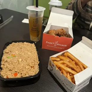 Fried rice, fries, tea, drumstick and wing combo