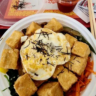 Yummy vegetarian fries tofu bibimbap