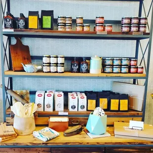 a shelf of food items