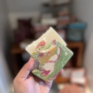 Goat milk soaps- back to front- gardenia, plumeria  IG: @ohmyono