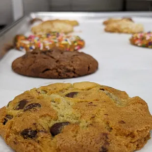 chocolate chip cookies on a baking sheet