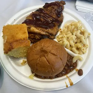 Bbq Sweet Lou 's Chicken  Corn Bread .. Macaroni and cheese