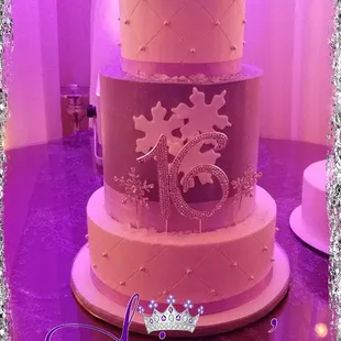Sweet 16 Winter Wonderland cake  Bad lighting and cell phone camera do not do it justice. It was beautiful.