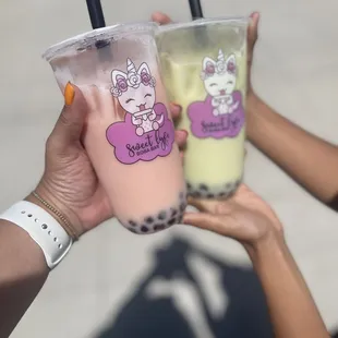 Strawberry Melon Milk Tea with Boba and Summer Melon Milk Tea with Boba
