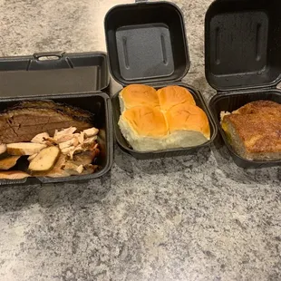 Chicken  &amp; Brisket, dinner rolls, and peach cobbler