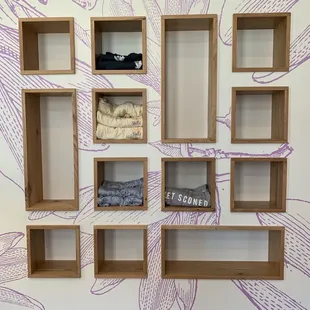a display of wooden shelves