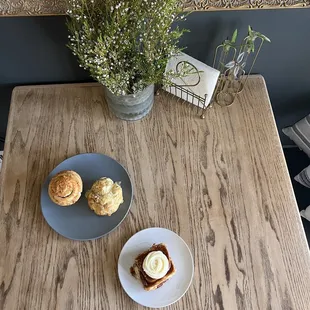 Parmesan Everything Bun, Ham and Swiss Scone, and Cinnamon Roll