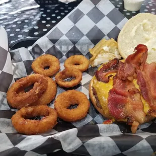 House burger and onion rings.