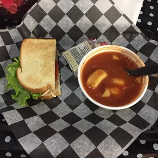 Chicken salad + tomato-basil tortellini soup