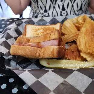 Ham and pimento cheese sandwich and mag chips.