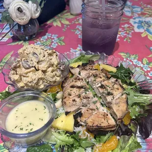 Summer breeze salad, scoop of chicken salad, tea of the day