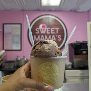 Cookie Mama: chocolate chip cookie on bottom. One scoop of Nutella waffle crunch and a scoop of turtle ice cream on top.