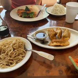 Soy sauce noodles and potstickers. Dining with my sister.