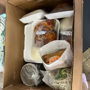 Thai boat. 4 trays chk&amp;rice, 2 trays saus&amp;rice, egg rolls, jel bong, nam vanh, chk fried rice, broccoli bf.