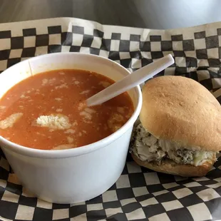 Homemade red pepper soup and chicken slider