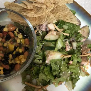 On Blueberry Hill salad and fiesta bean dip with chips.