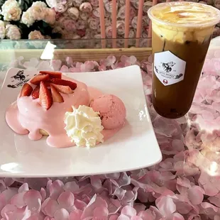 Strawberry soufflé pancake and crème brûlée coffee